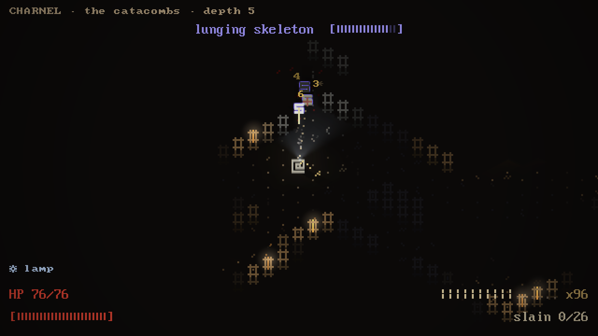 An elite pack charges down the flashlight's beam in the catacombs.