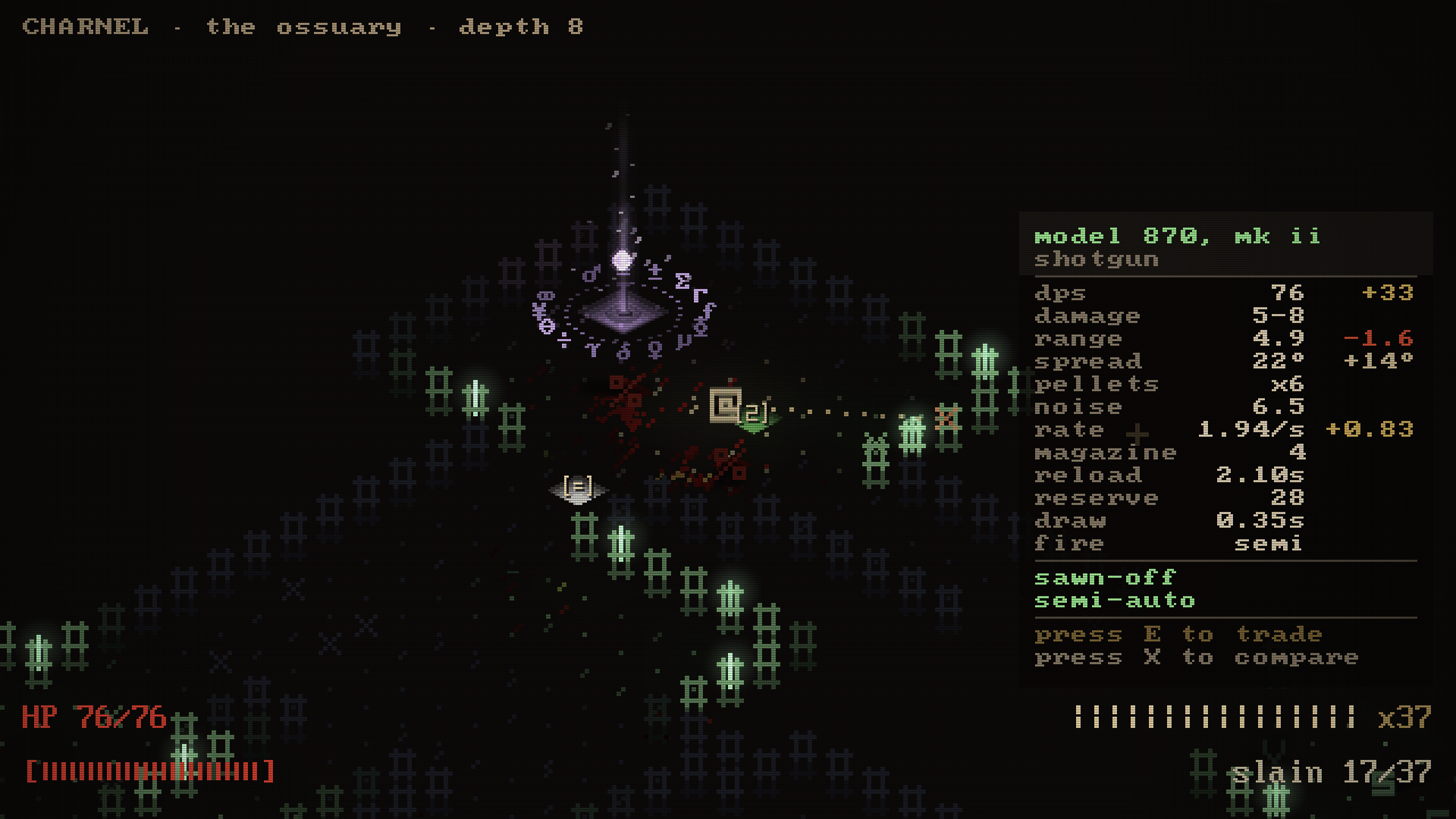 A sawn-off, semi-auto shotgun on the floor of the ossuary beside a lit shrine, with its card open.