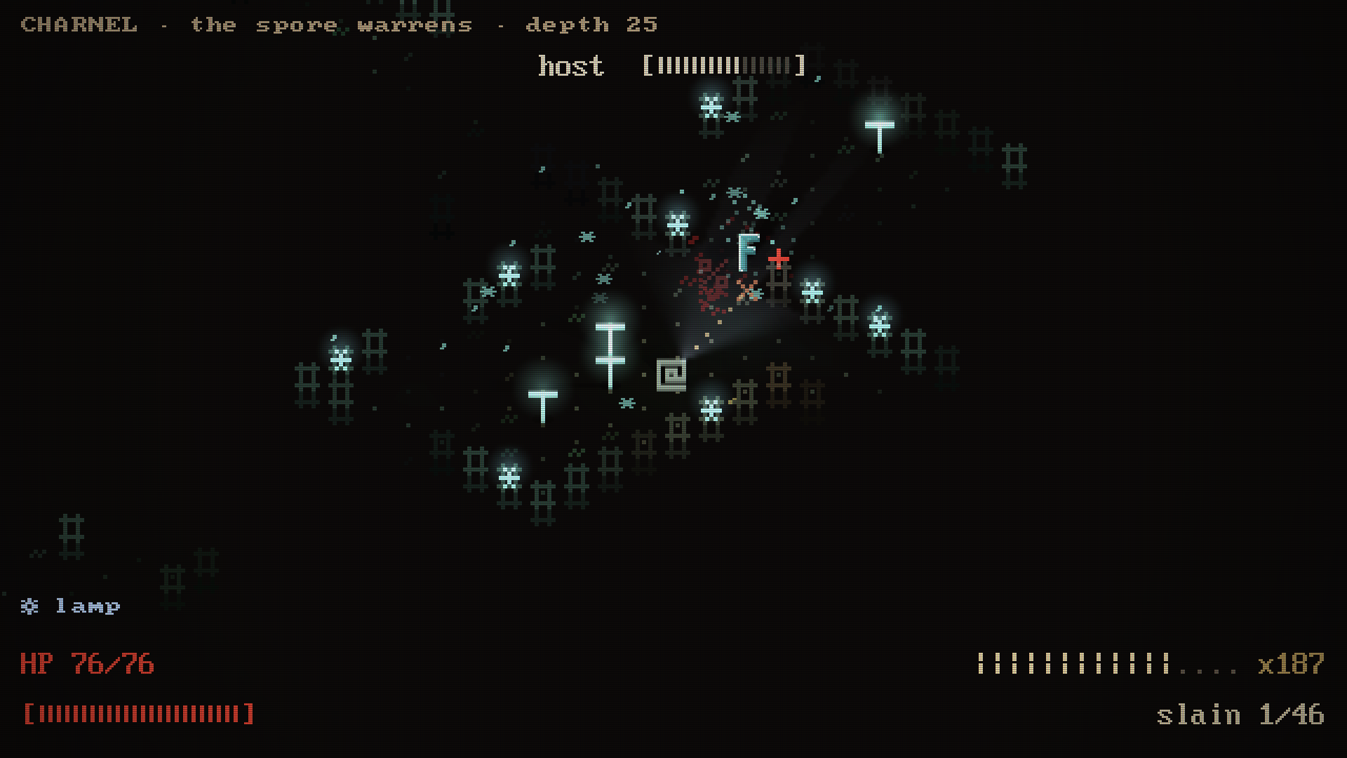 A host swells with spores at the end of the flashlight's beam in the spore warrens.