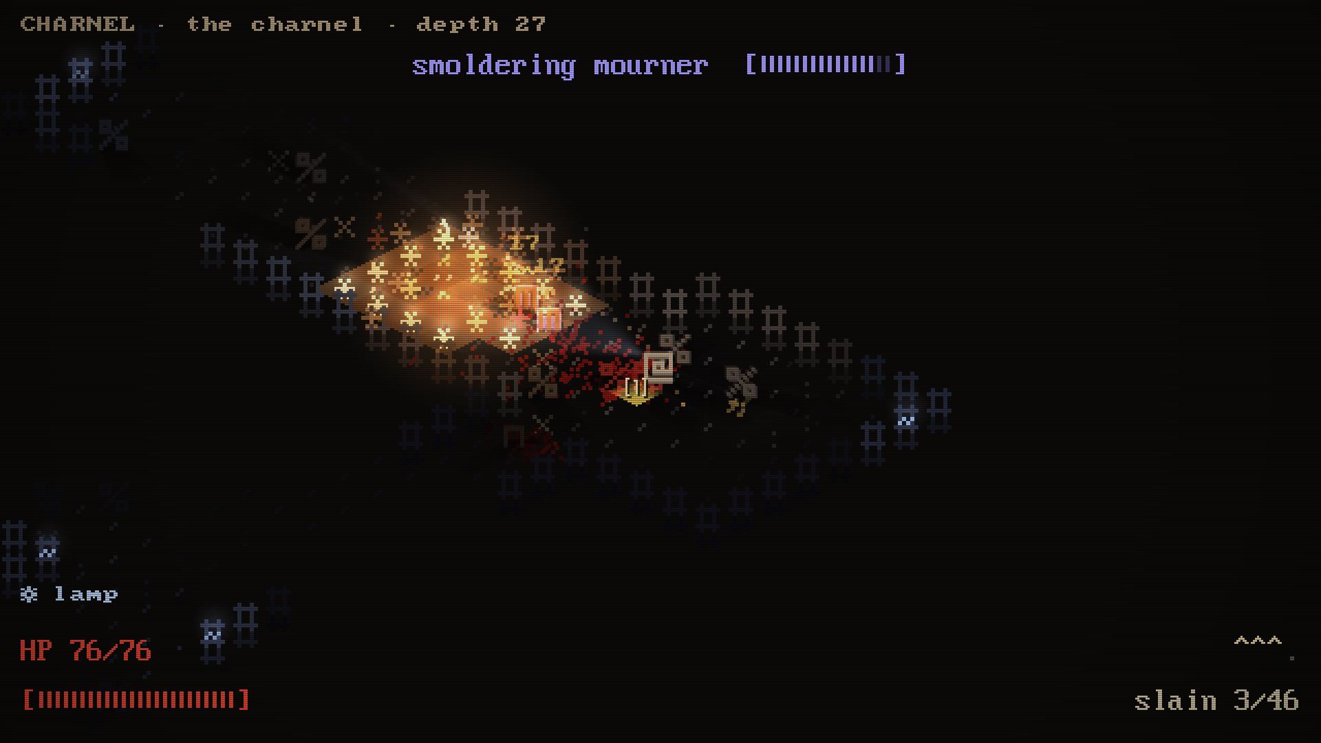 An incendiary burns across the path of two elite mourners in the charnel, and the player stands back at the edge of the fire.